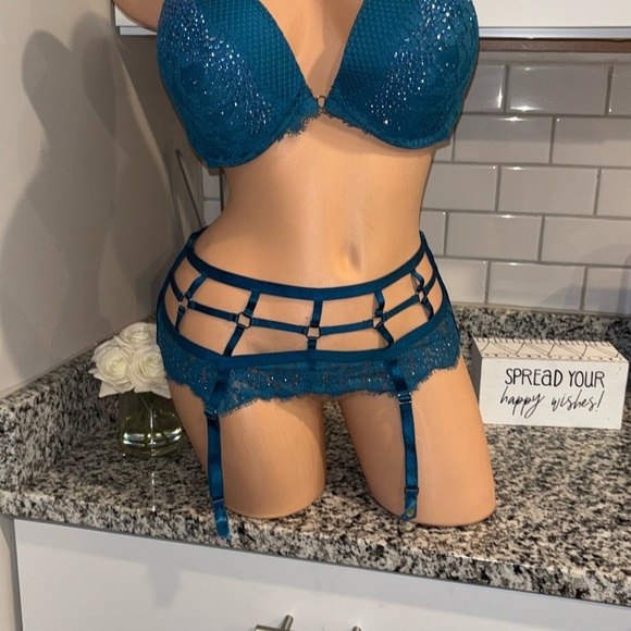Victoria's Secret very sexy rhinestoneTeal Lace push-up Bra and Garter 38D M/L - Picture 5 of 16